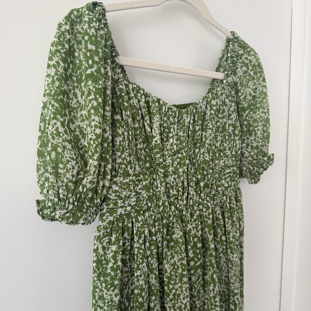 Abercrombie‎ & Fitch Green White Print Mini Dress XS Puff Sleeve Smocked Back